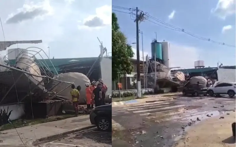 Tonéis caem e destroem parte de fábrica no bairro da Compensa