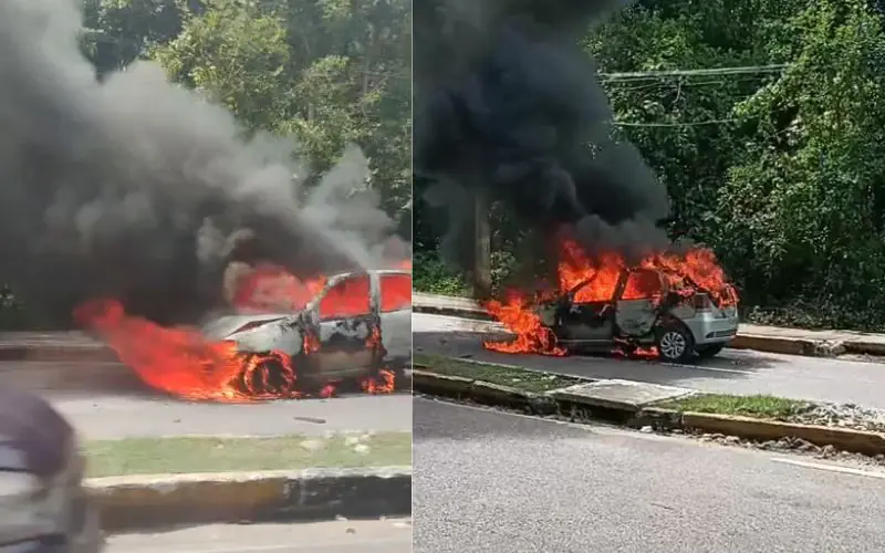 Carro pega fogo após acidente e interdita a Avenida Jacira Reis