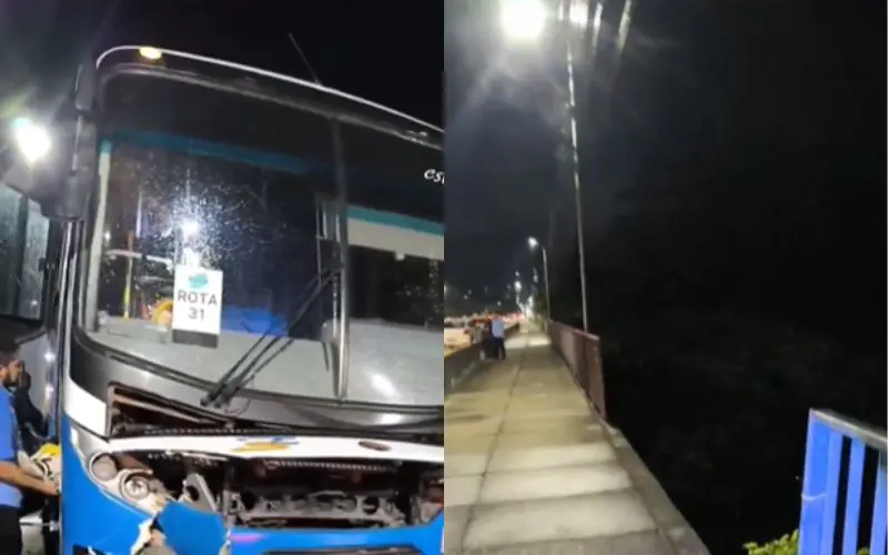 Ônibus perde o freio, bate em mureta e quase cai em igarapé