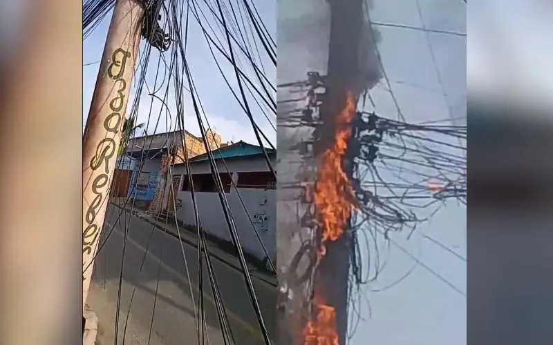 Morador fica preso após poste pegar fogo e cabos caírem na garagem