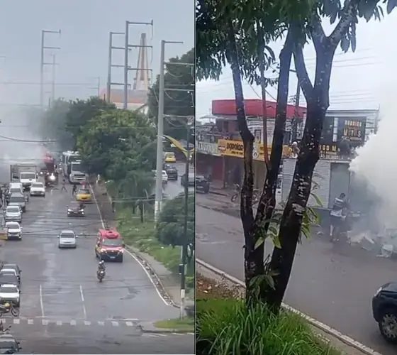 Caminhão-baú pega fogo na Compensa e gera congestionamento
