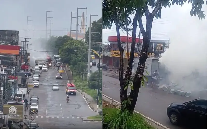 Caminhão-baú pega fogo na Compensa e gera congestionamento