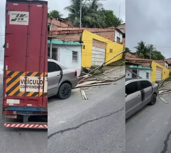 Caminhão derruba poste no bairro Monte das Oliveiras