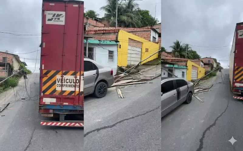 Caminhão derruba poste no bairro Monte das Oliveiras