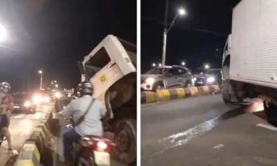 Caminhão-baú sofre pane mecânica e causa congestionamento na avenida das Torres, em Manaus