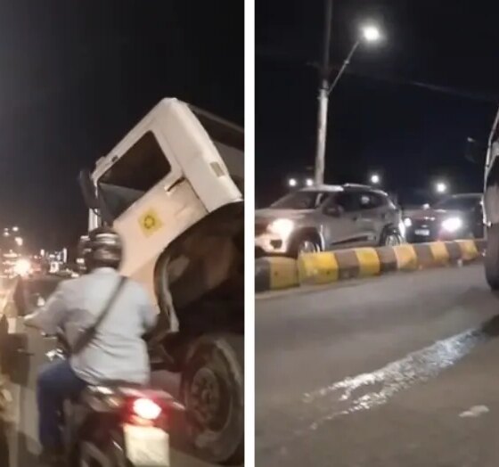 Caminhão-baú sofre pane mecânica e causa congestionamento na avenida das Torres, em Manaus