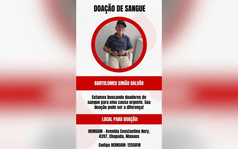 Idoso Bartolomeu Simão precisa de doação de sangue em Manaus