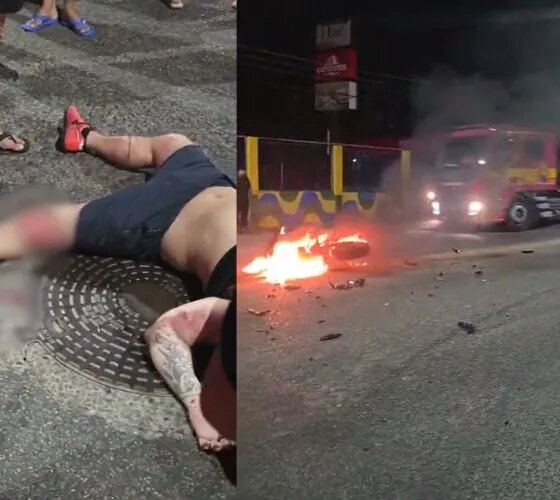 Motociclista sofre grave acidente e moto pega fogo no Japiim