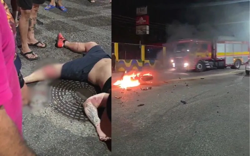 Motociclista sofre grave acidente e moto pega fogo no Japiim
