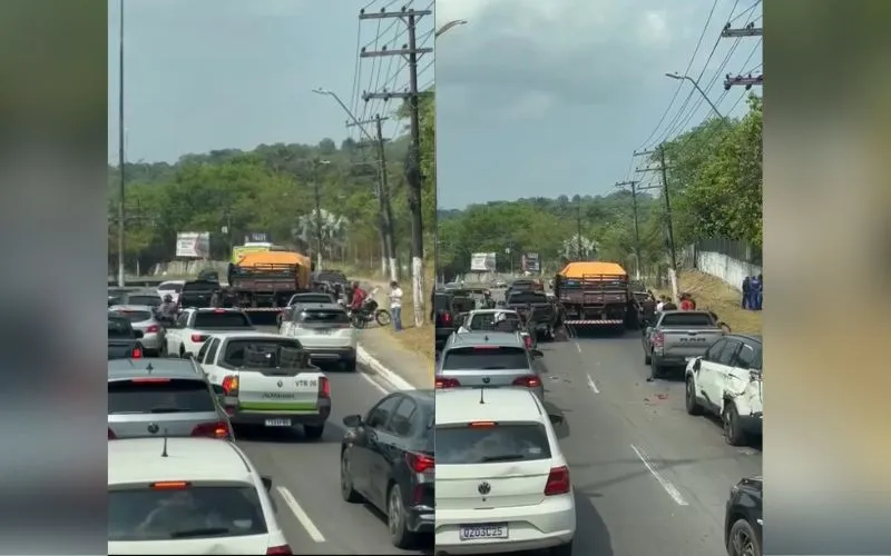 Caminhão com garrafões de água provoca engavetamento na Torquato Tapajós