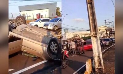 Carro capota, atinge dois veículos e causa congestionamento na Torquato Tapajós