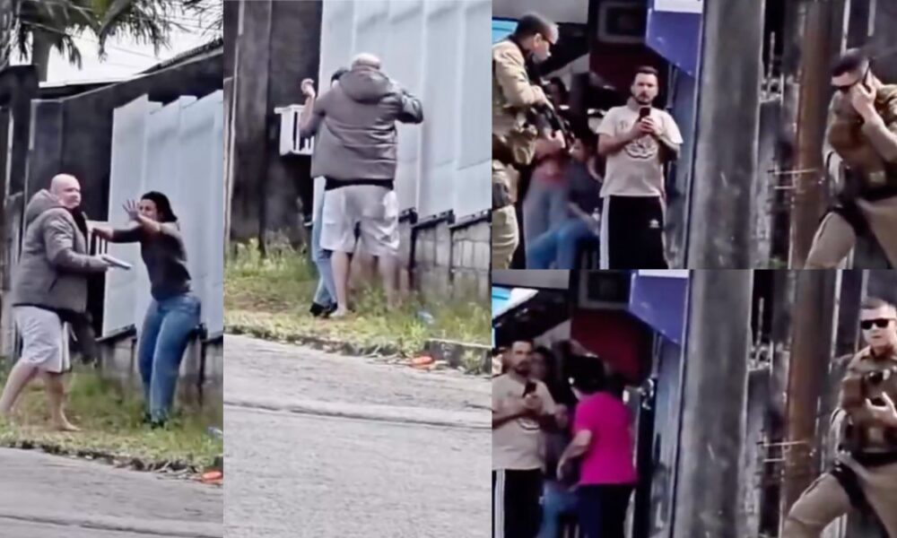 Tudo filmado: mulher é salva por PMs após ex-marido ciumento ameaçar atirar nela no meio da rua