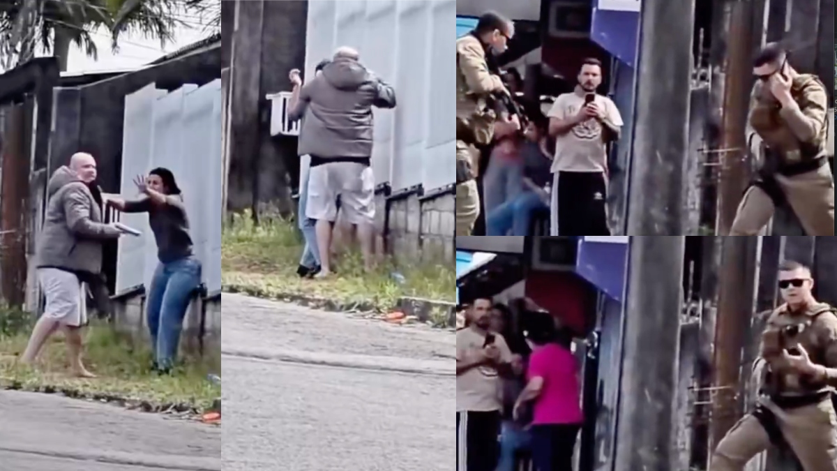 Tudo filmado: mulher é salva por PMs após ex-marido ciumento ameaçar atirar nela no meio da rua
