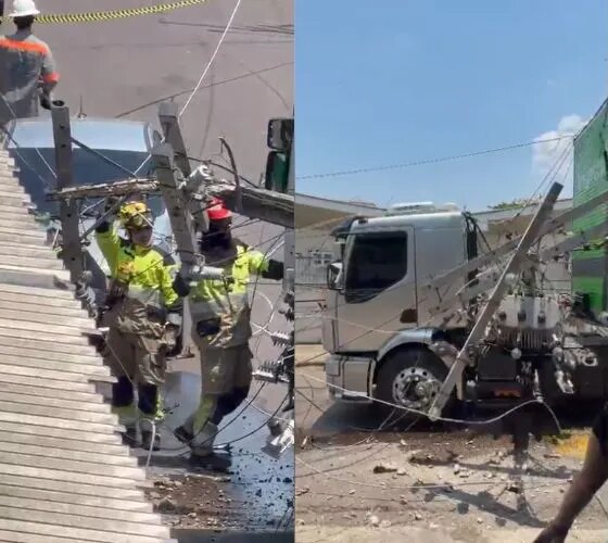 Caminhão derruba poste com transformador e interdita rua em Petrópolis