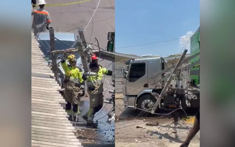 Caminhão derruba poste com transformador e interdita rua em Petrópolis